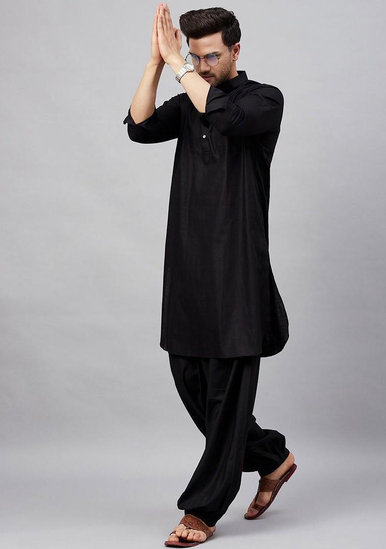 Black Solid Cotton Kurta For Men
