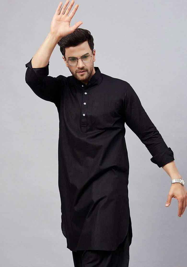Black Solid Cotton Kurta For Men - Indya