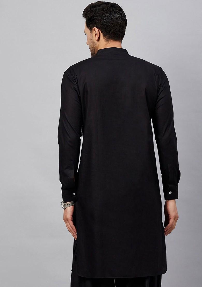 Black Solid Cotton Kurta For Men