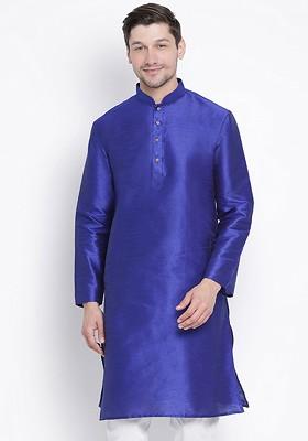 Blue Solid Silk Kurta For Men