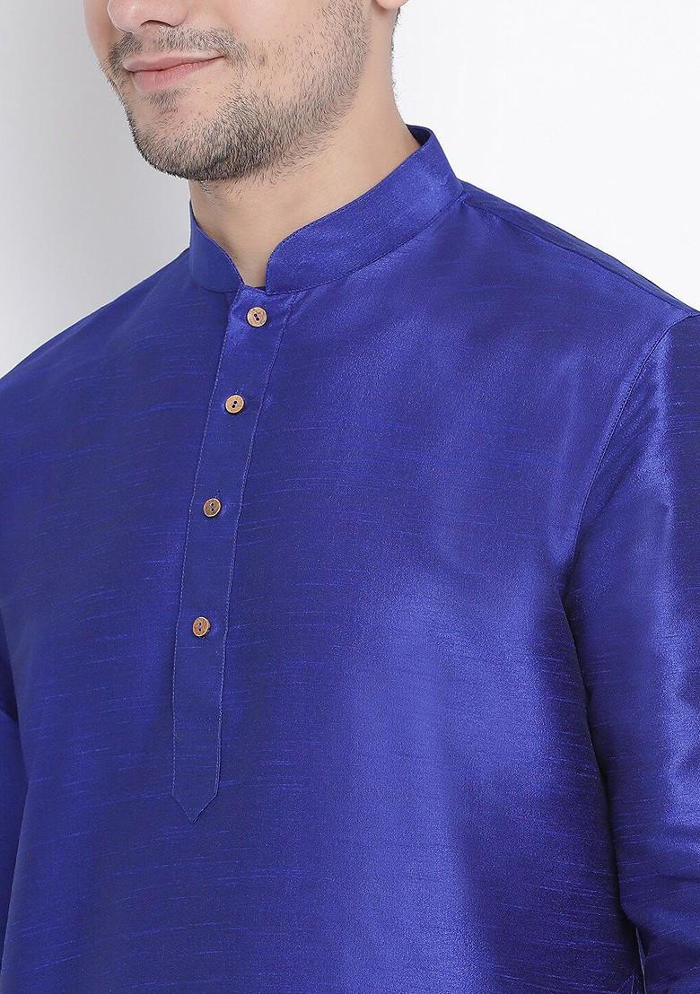 Blue Solid Silk Kurta For Men