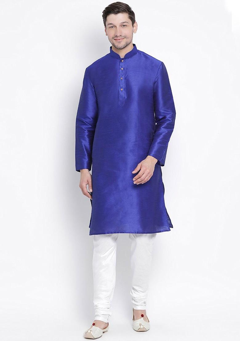 Blue Solid Silk Kurta For Men