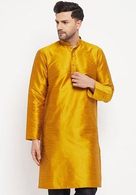 Mustard Solid Silk Kurta For Men