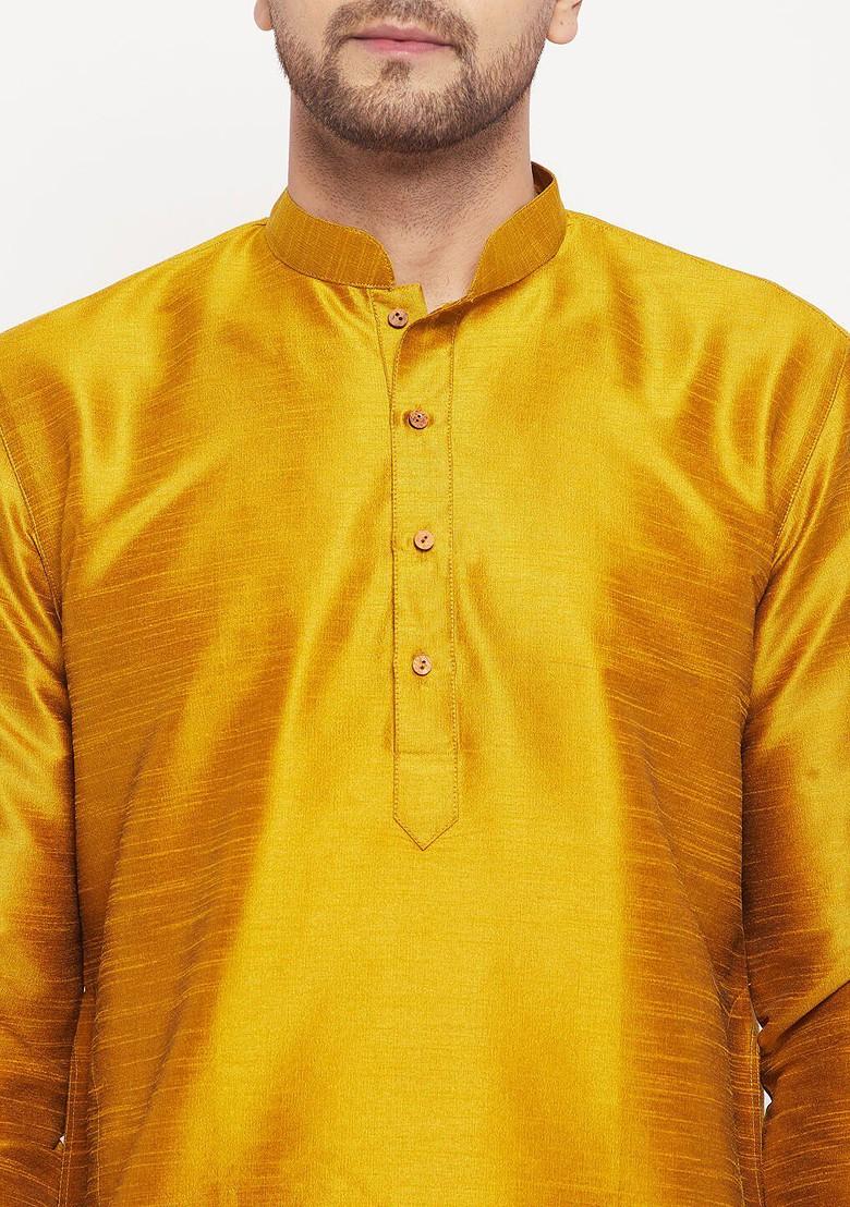 Mustard Solid Silk Kurta For Men