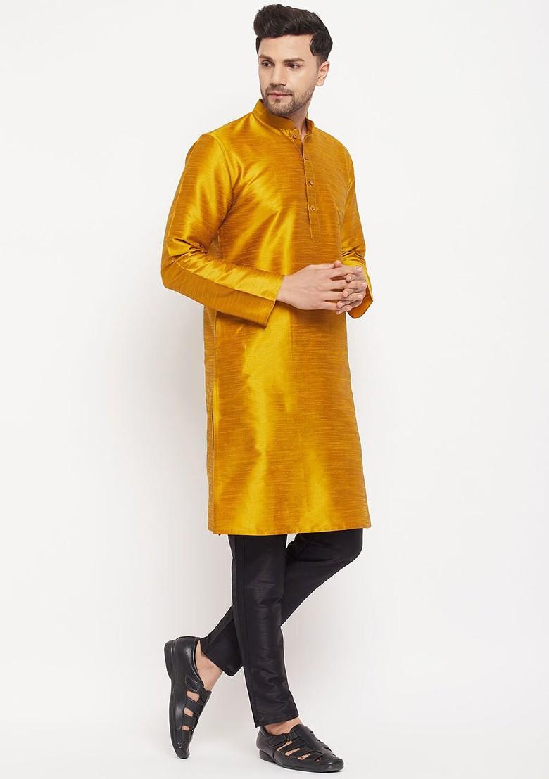 Mustard Solid Silk Kurta For Men