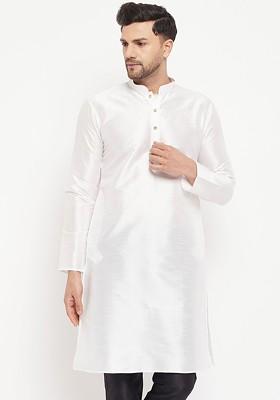 White Solid Poly Blend Kurta For Men