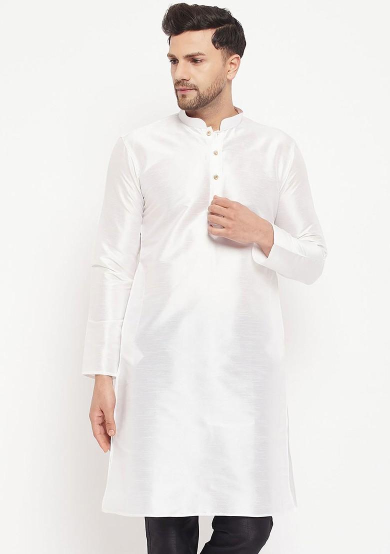 White Solid Poly Blend Kurta For Men