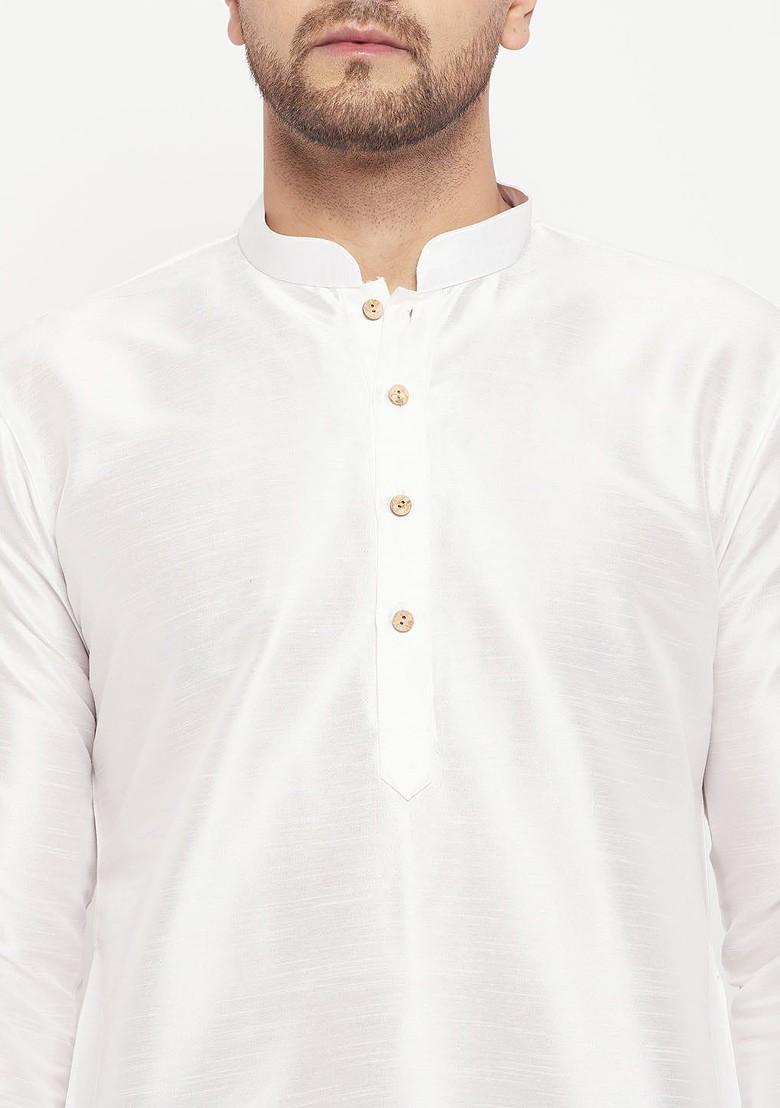 White Solid Poly Blend Kurta For Men
