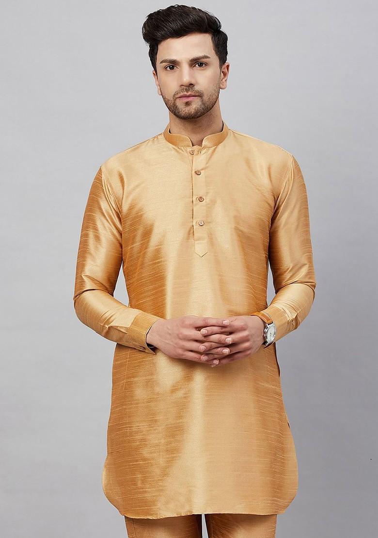 Gold Solid Poly Blend Kurta For Men