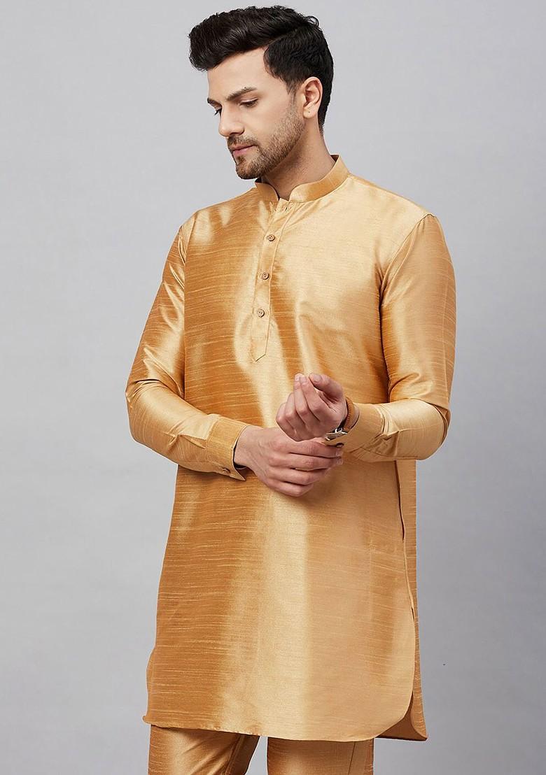 Gold Solid Poly Blend Kurta For Men