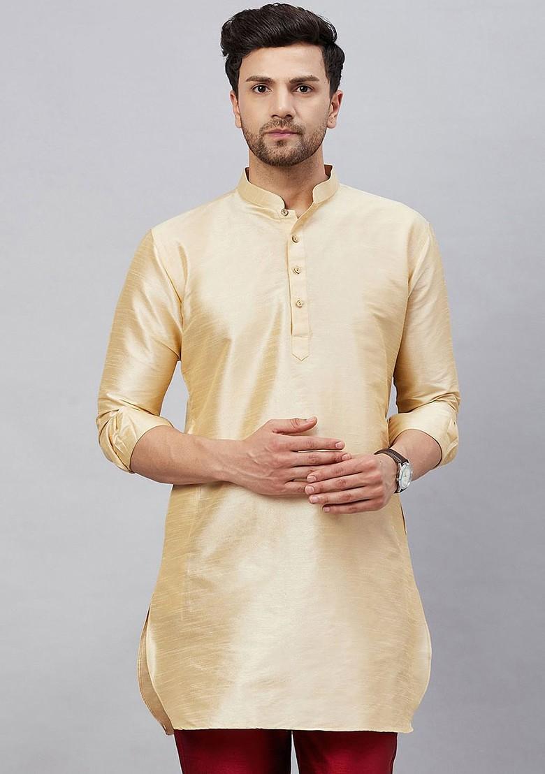 Gold Solid Silk Kurta For Men