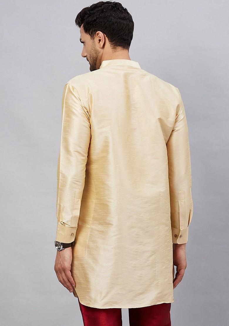 Gold Solid Silk Kurta For Men