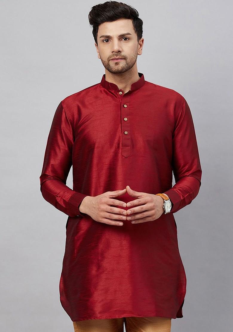 Maroon Solid Poly Blend Kurta For Men