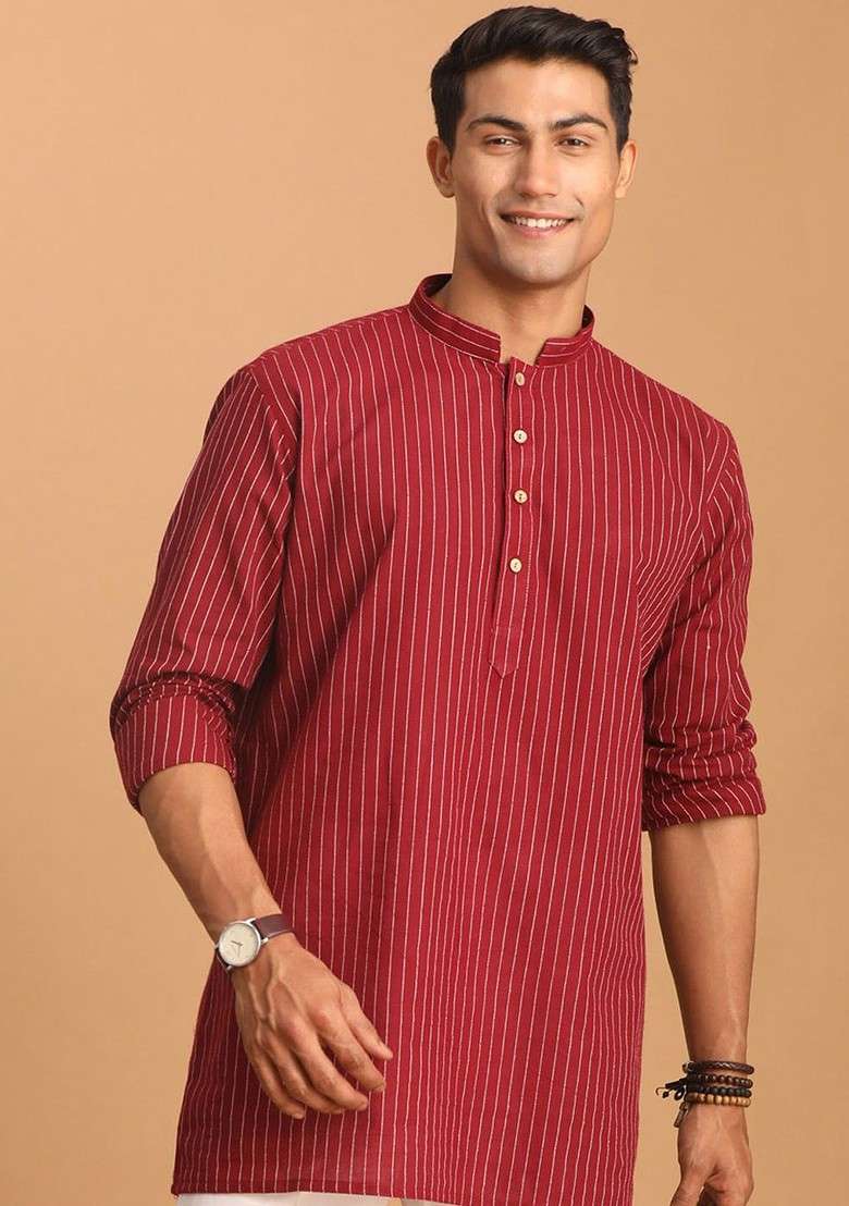 Maroon Striped Cotton Kurta For Men - Indya
