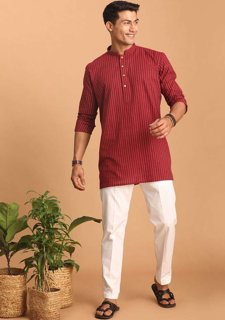 Maroon Striped Cotton Kurta For Men - Indya