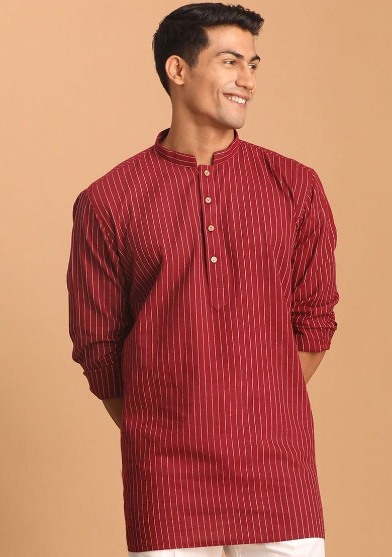 Maroon Striped Cotton Kurta For Men