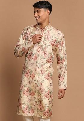 Beige Floral Print Poly Blend Kurta For Men