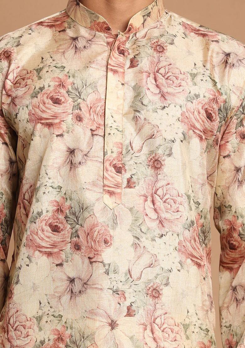 Beige Floral Print Poly Blend Kurta For Men