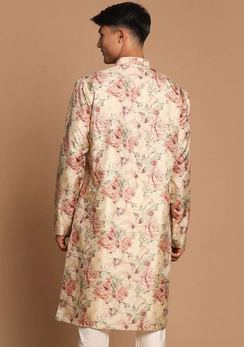 Beige Floral Print Poly Blend Kurta For Men - Indya