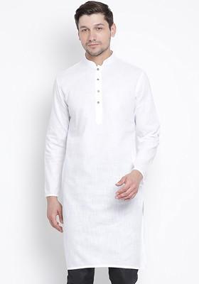 White Solid Cotton Kurta For Men