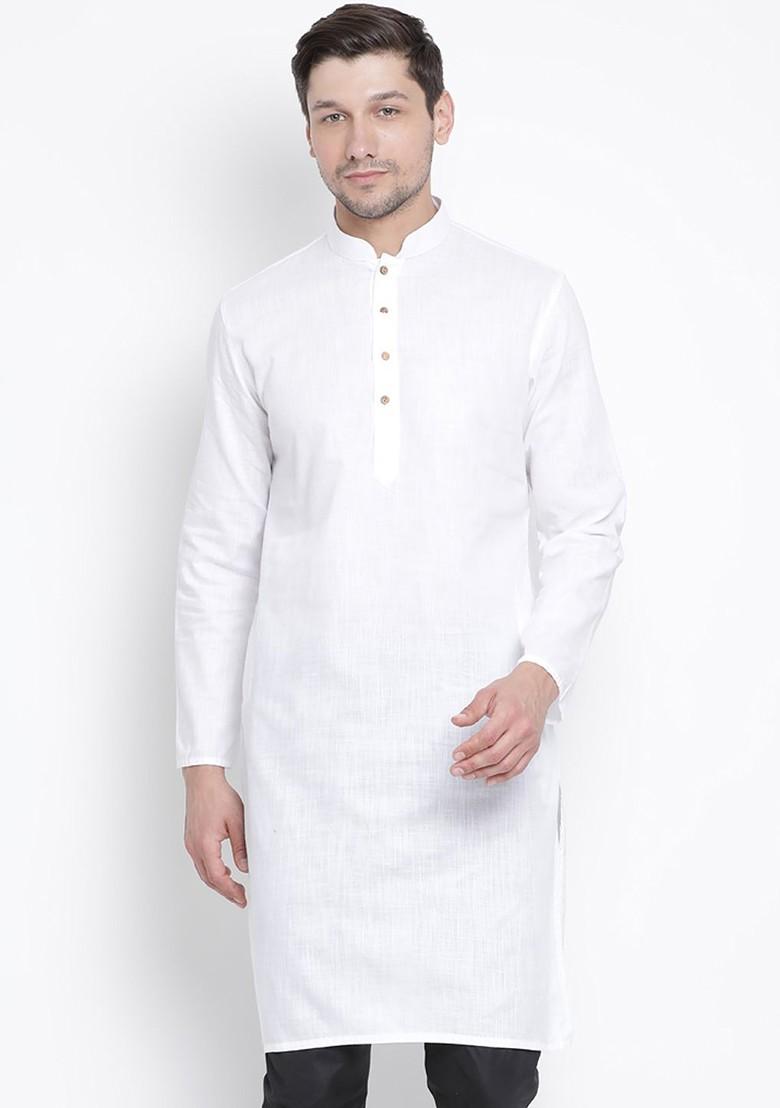 White Solid Cotton Kurta For Men