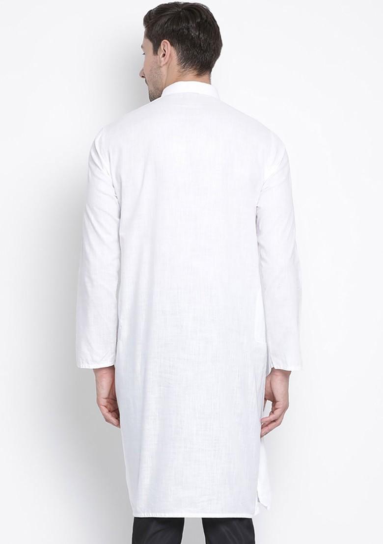 White Solid Cotton Kurta For Men