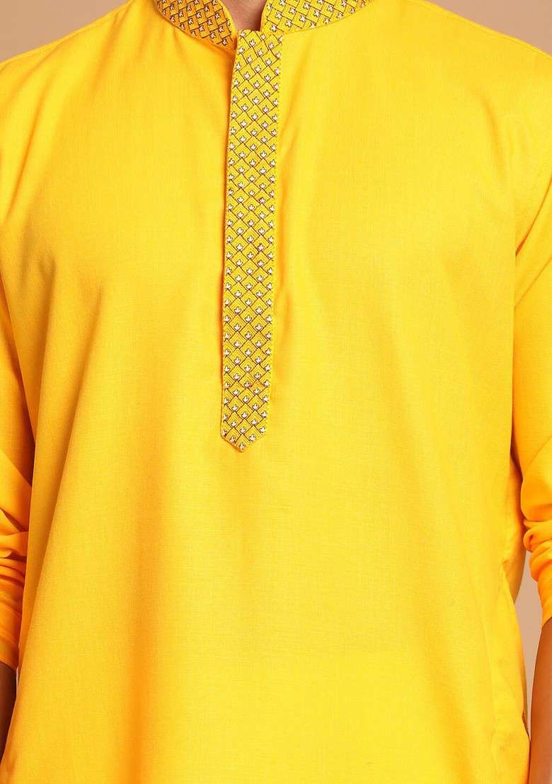 Yellow Solid Poly Blend Kurta For Men - Indya