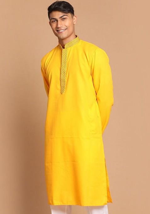 Yellow Solid Poly Blend Kurta For Men — view on Indya