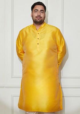 Yellow Solid Poly Blend Kurta For Men