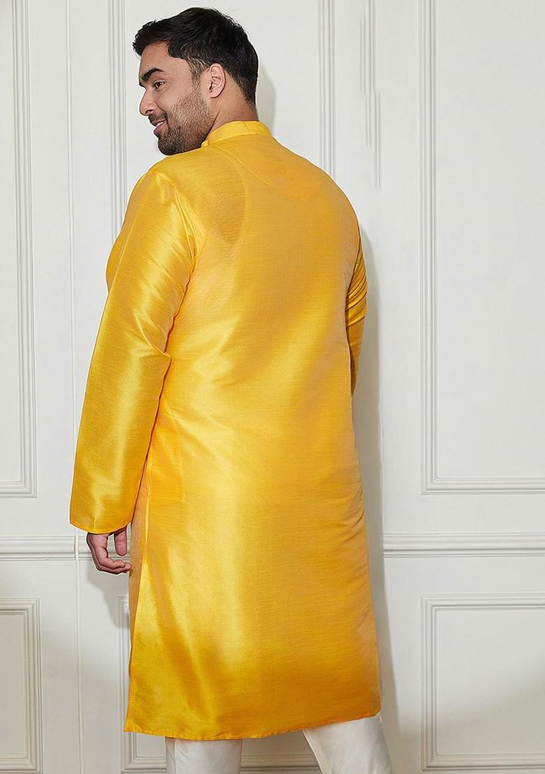 Yellow Solid Poly Blend Kurta For Men