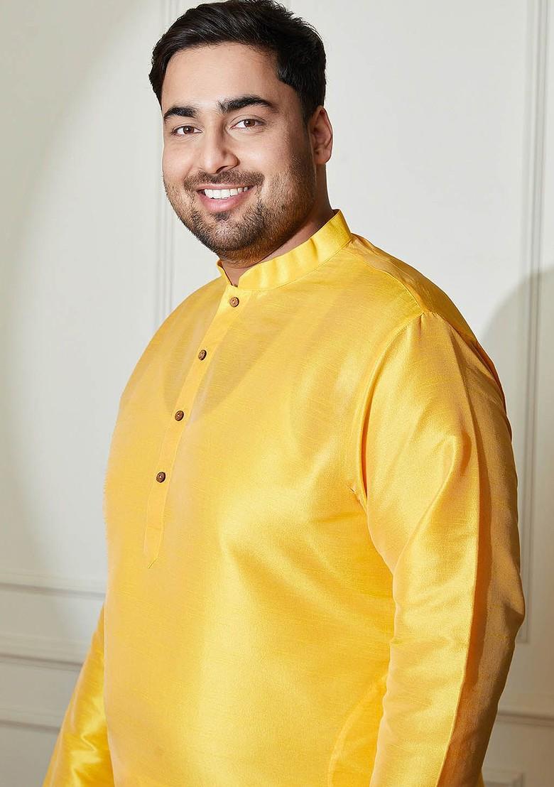 Yellow Solid Poly Blend Kurta For Men