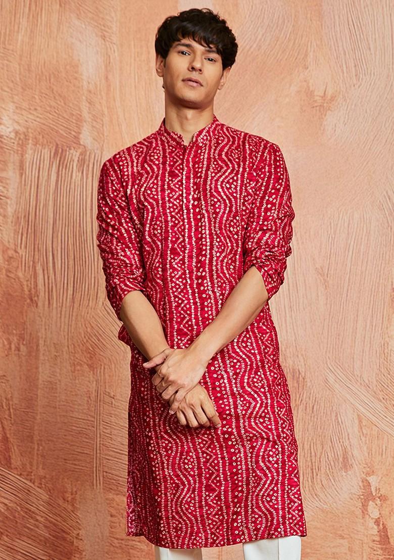 Fuchsia Pink Bandhani Print Poly Blend Kurta For Men