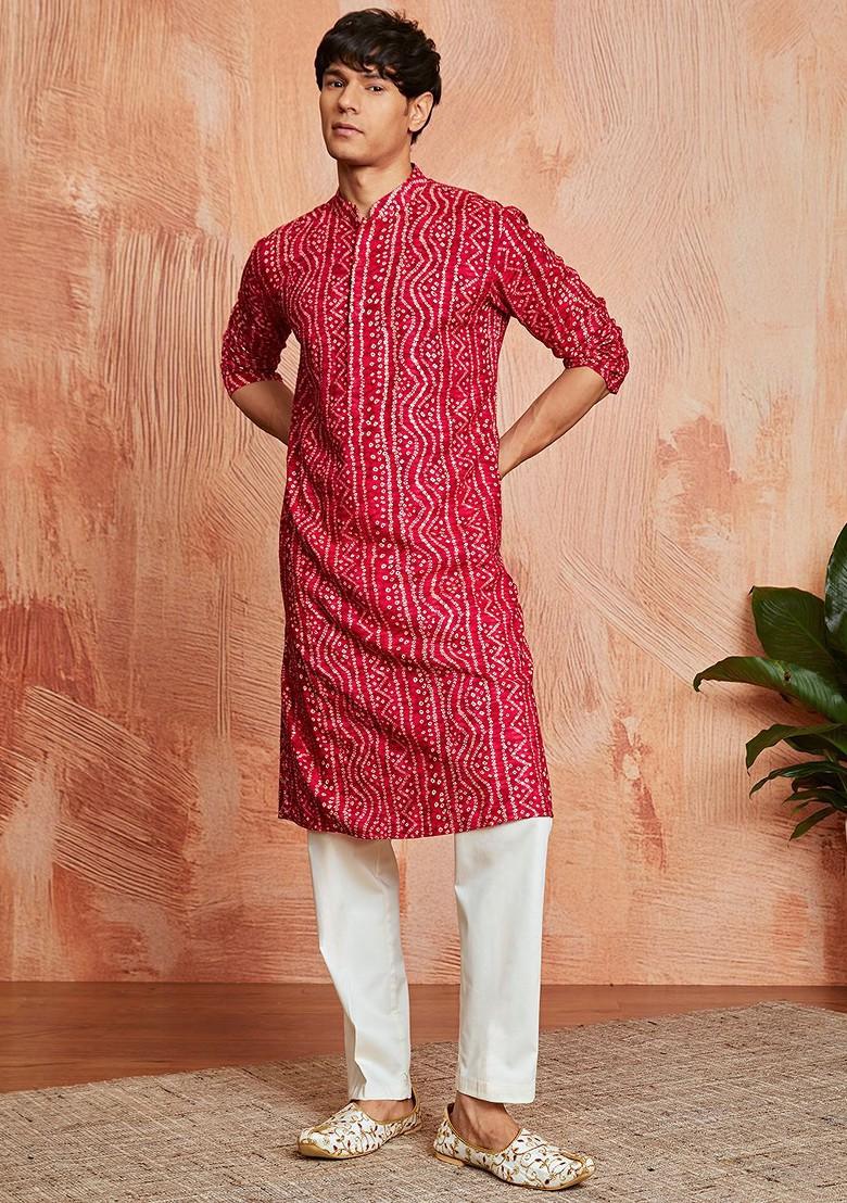 Fuchsia Pink Bandhani Print Poly Blend Kurta For Men