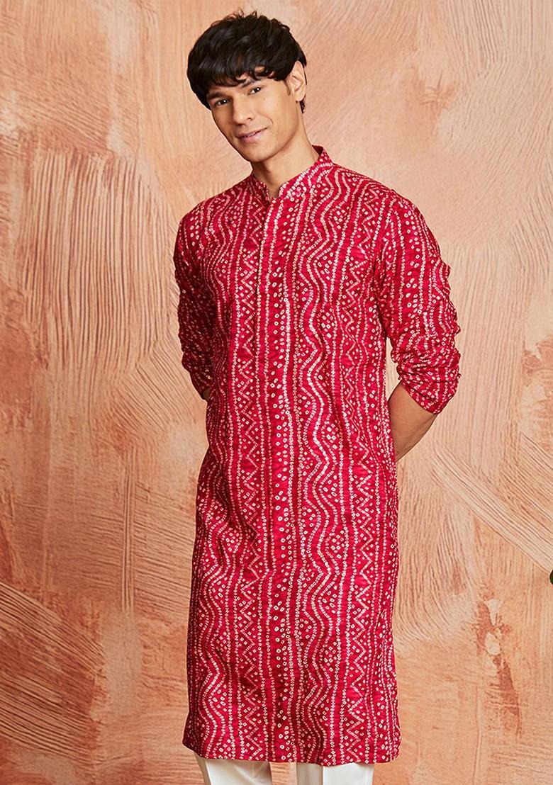 Fuchsia Pink Bandhani Print Poly Blend Kurta For Men