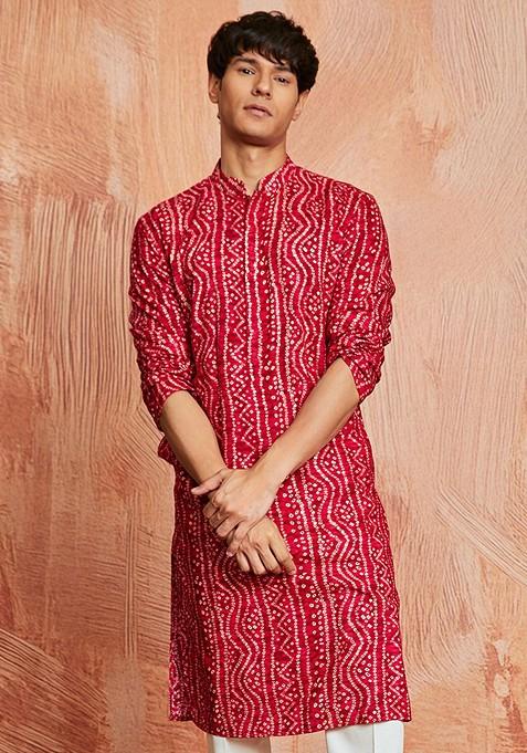 Fuchsia Pink Bandhani Print Poly Blend Kurta For Men