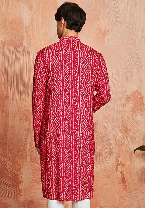 Fuchsia Pink Bandhani Print Poly Blend Kurta For Men