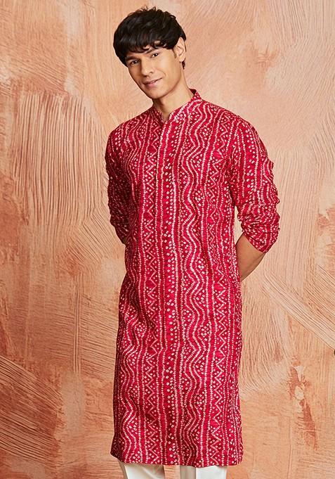 Fuchsia Pink Bandhani Print Poly Blend Kurta For Men