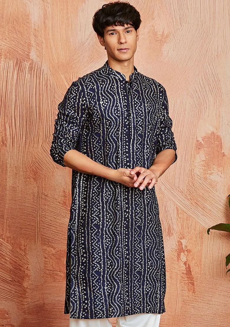 Black Bandhani Print Poly Blend Kurta For Men