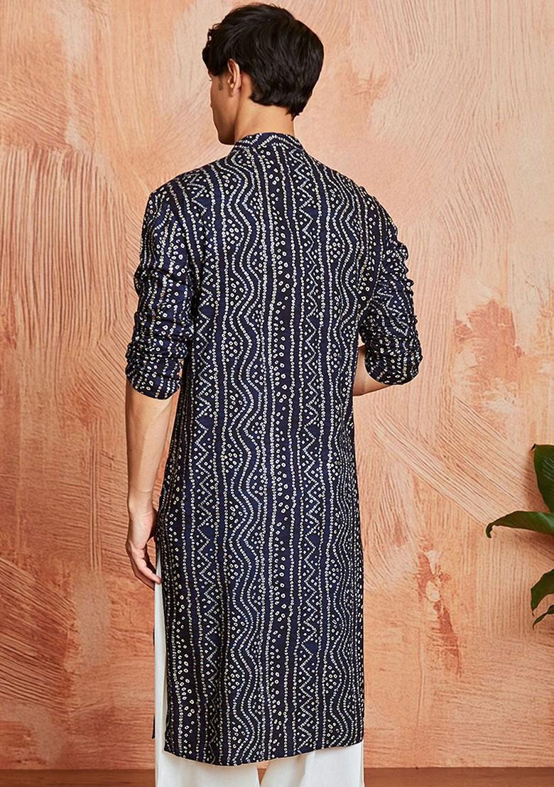 Black Bandhani Print Poly Blend Kurta For Men