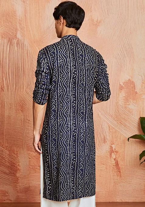Black Bandhani Print Poly Blend Kurta For Men