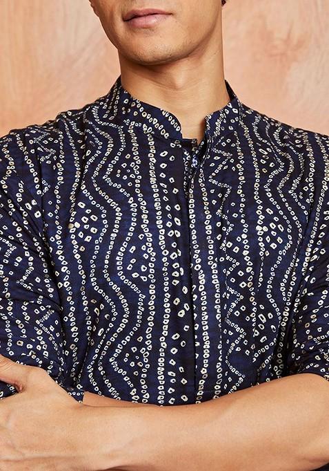 Black Bandhani Print Poly Blend Kurta For Men