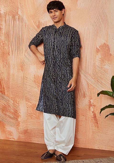 Black Bandhani Print Poly Blend Kurta For Men