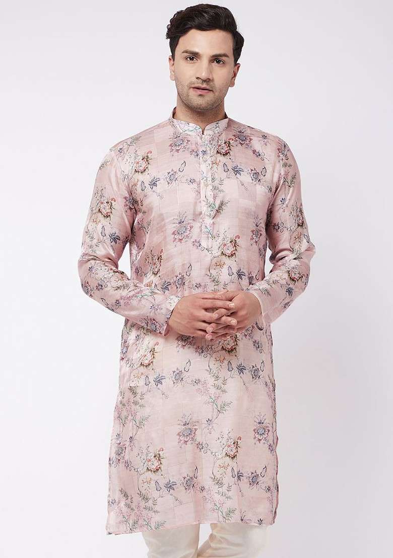 Pink Floral Print Poly Blend Kurta For Men - Indya