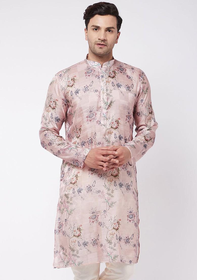Pink Floral Print Poly Blend Kurta For Men