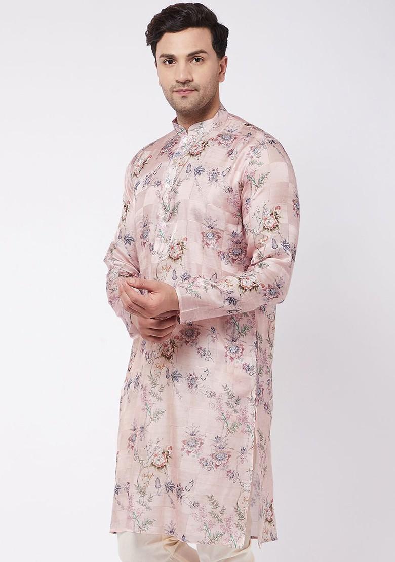 Pink Floral Print Poly Blend Kurta For Men