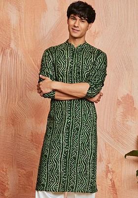 Green Bandhani Print Poly Blend Kurta For Men