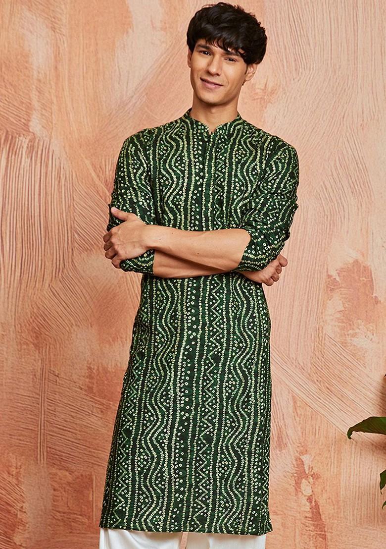 Green Bandhani Print Poly Blend Kurta For Men