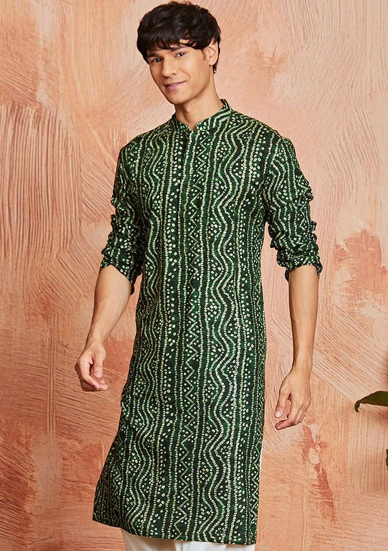 Green Bandhani Print Poly Blend Kurta For Men