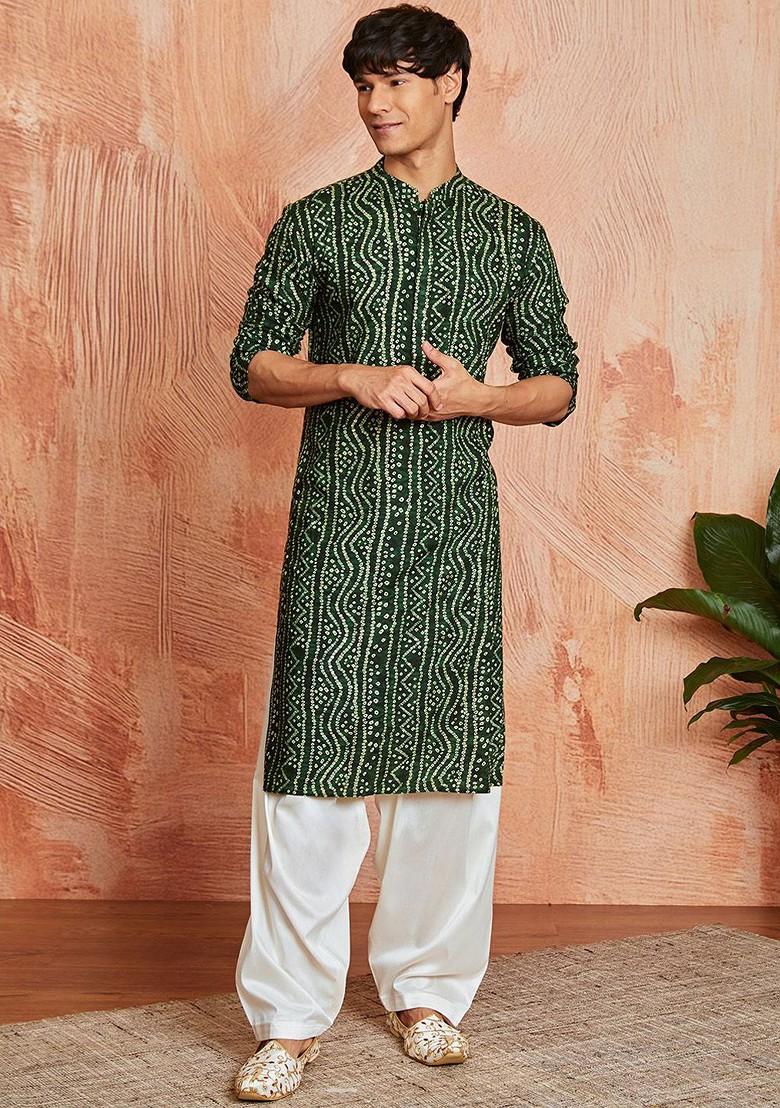 Green Bandhani Print Poly Blend Kurta For Men