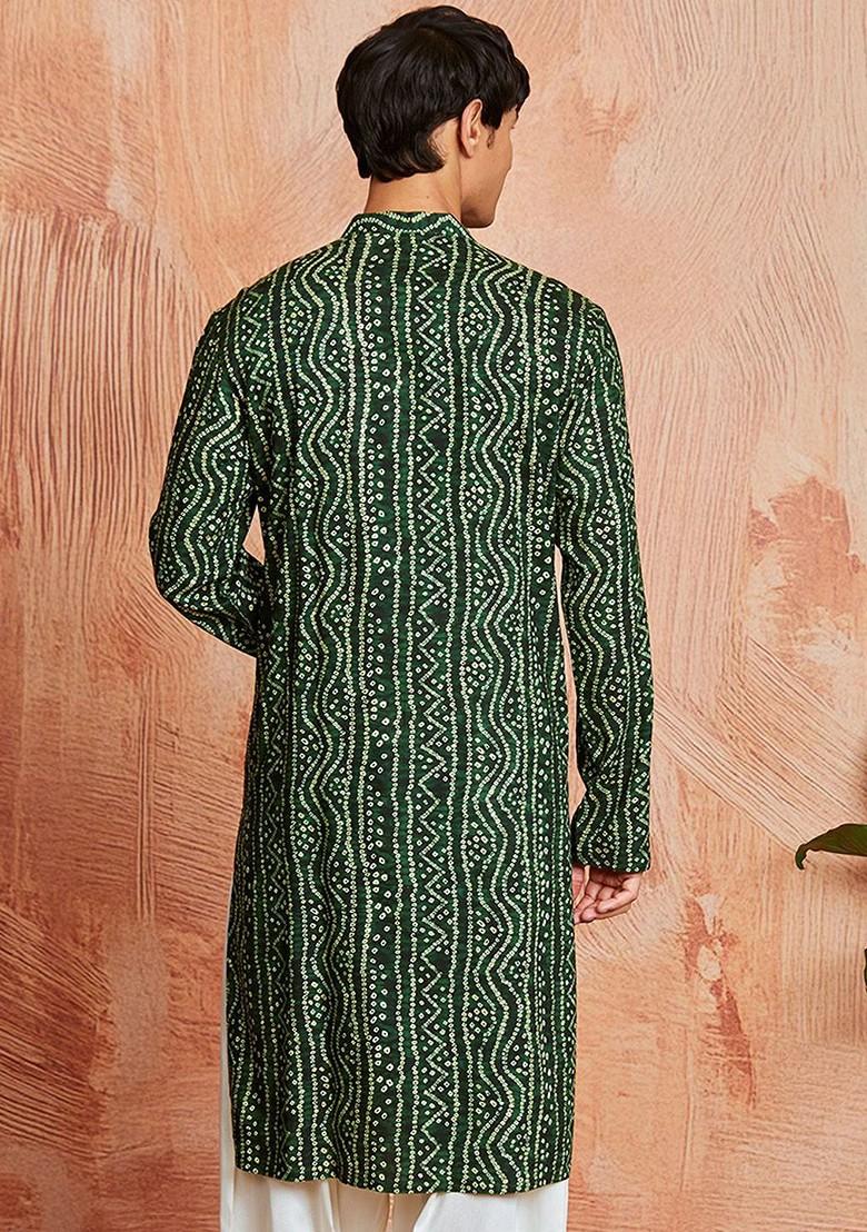 Green Bandhani Print Poly Blend Kurta For Men